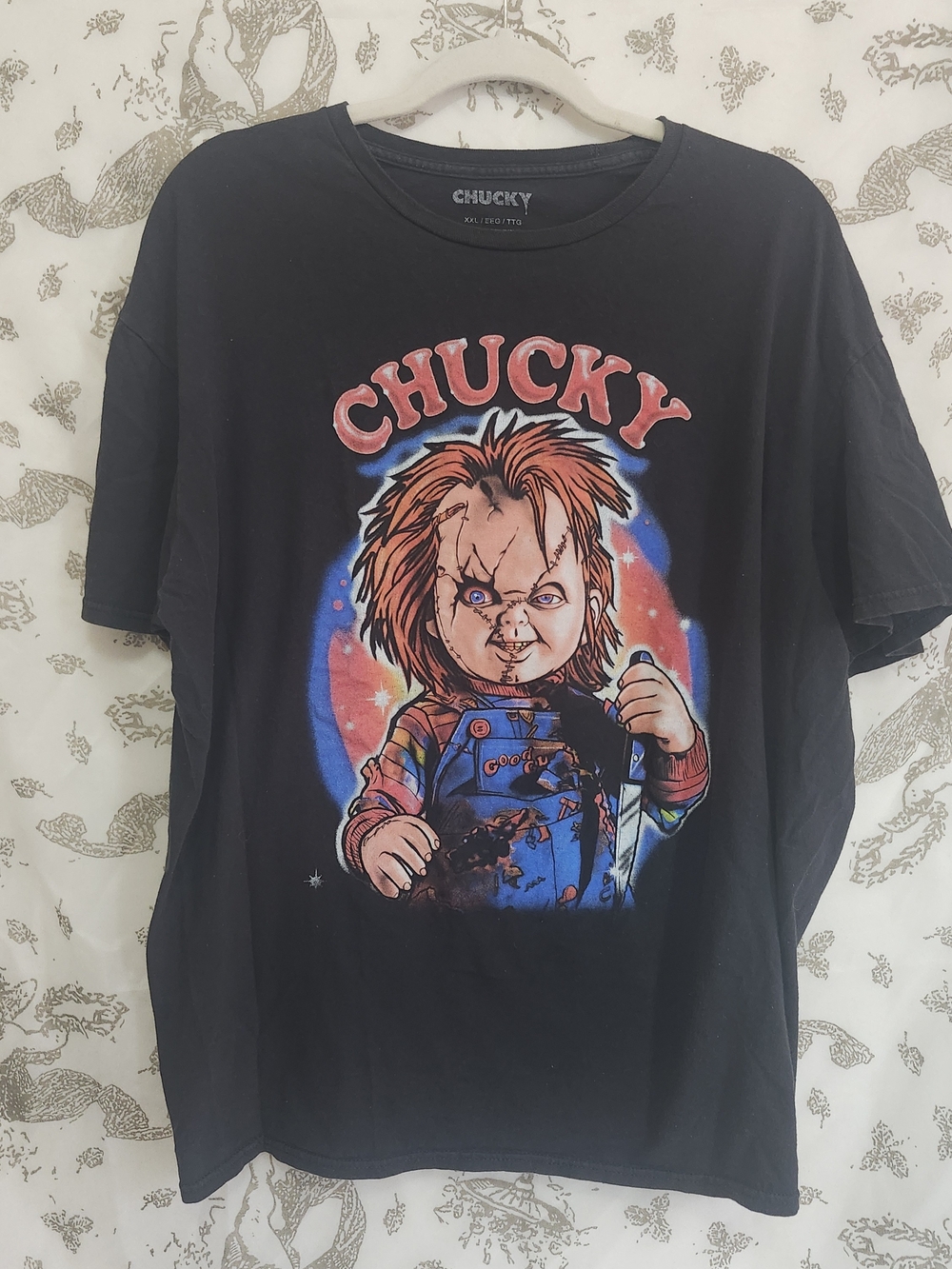 Hot Topic Black Chucky Graphic Tee with Red and Blue Print